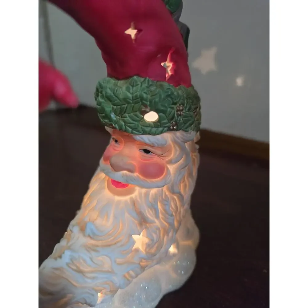 Vtg 90s Danson Lighted Ceramic Crescent Santa Figurine w/dangling elf - Works